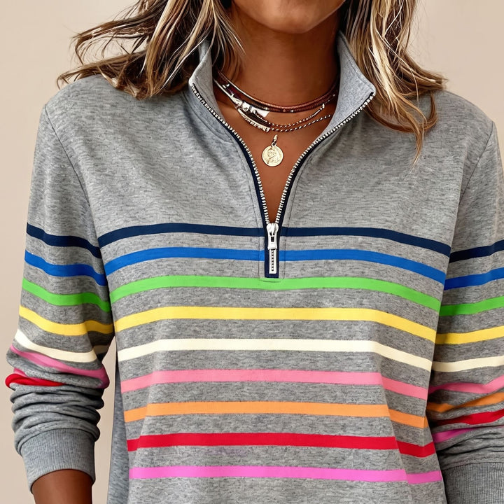 Dames Gekleurde Gestreepte Sweater met Kwart Rits en Staande Kraag