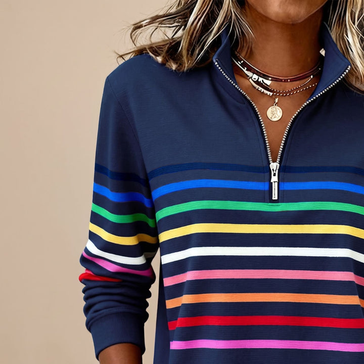 Dames Gekleurde Gestreepte Sweater met Kwart Rits en Staande Kraag