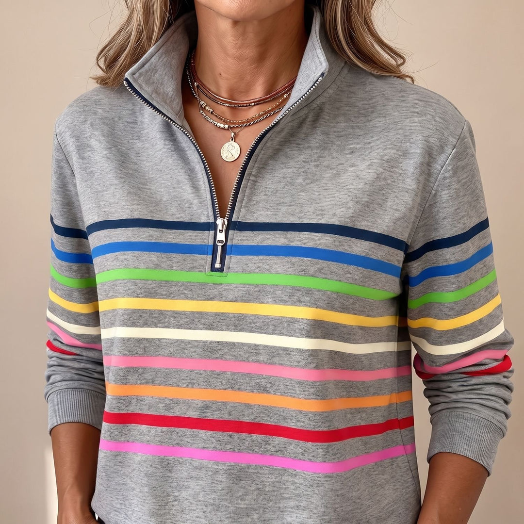Dames Gekleurde Gestreepte Sweater met Kwart Rits en Staande Kraag