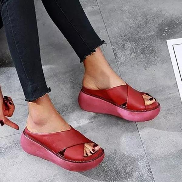 Dames Gekruiste Bandjes Platte Comfort Sandalen - Red
