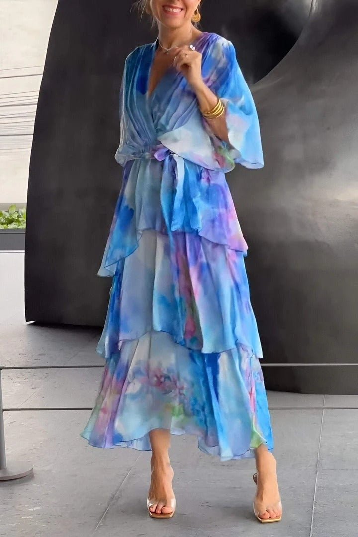 Dames Gelaagde Chiffon Bloemen Maxi Jurk - Blue