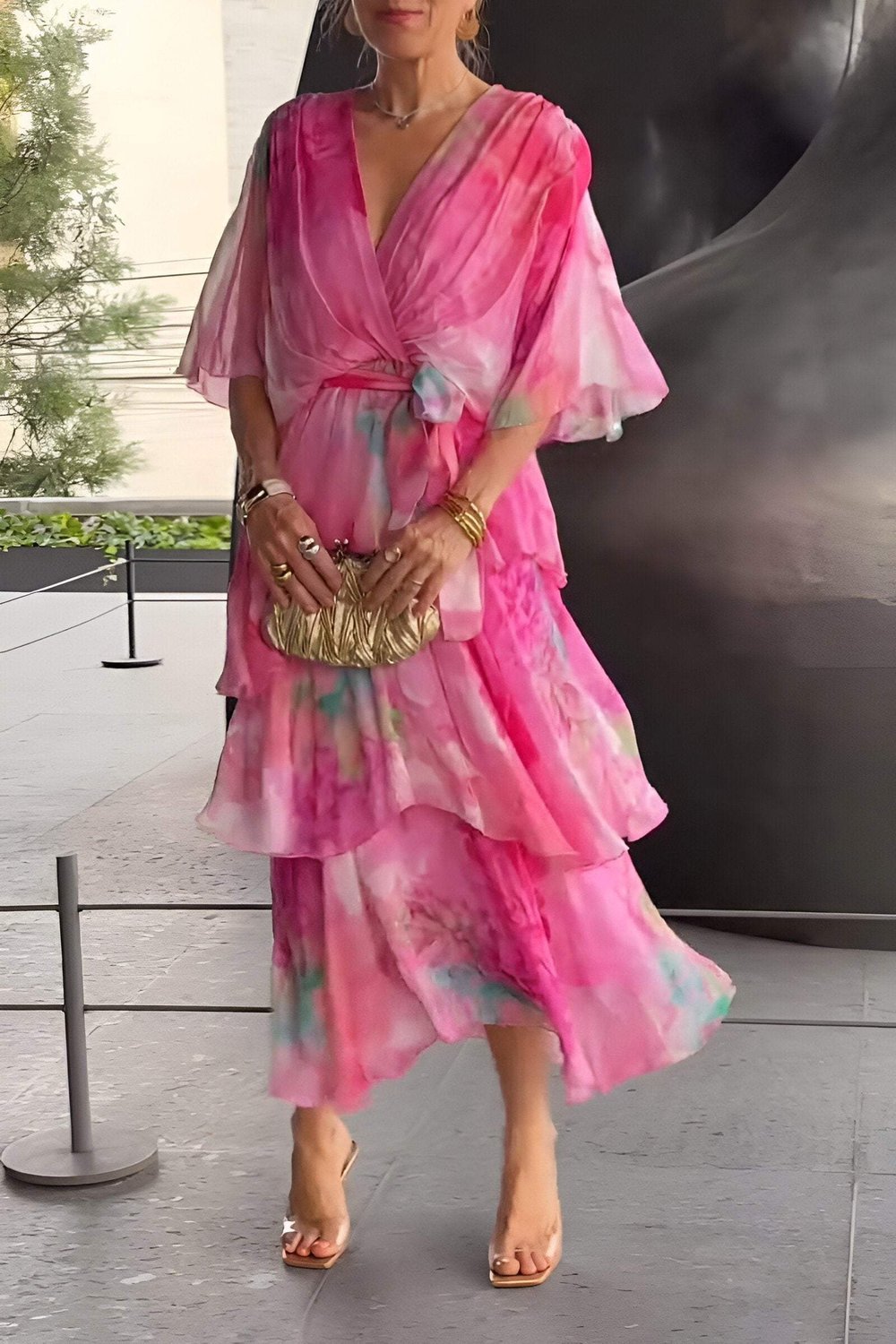 Dames Gelaagde Chiffon Bloemen Maxi Jurk - Pink