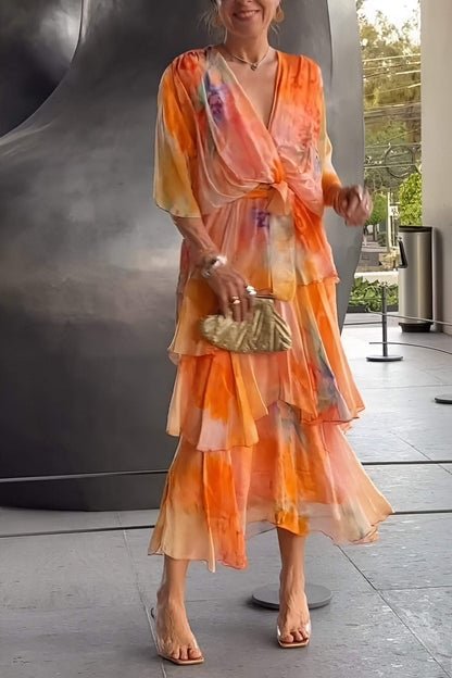 Dames Gelaagde Chiffon Bloemen Maxi Jurk - Orange