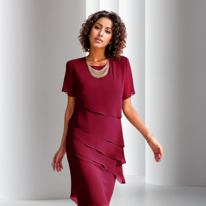 Dames Gelaagde Chiffon Cocktail Party Dress Korte Mouw - Rood