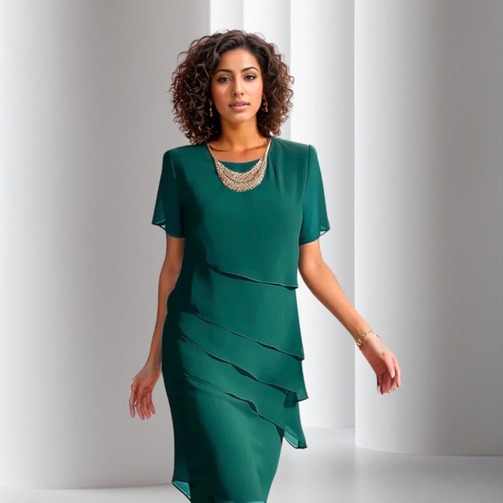 Dames Gelaagde Chiffon Cocktail Party Dress Korte Mouw - Groen