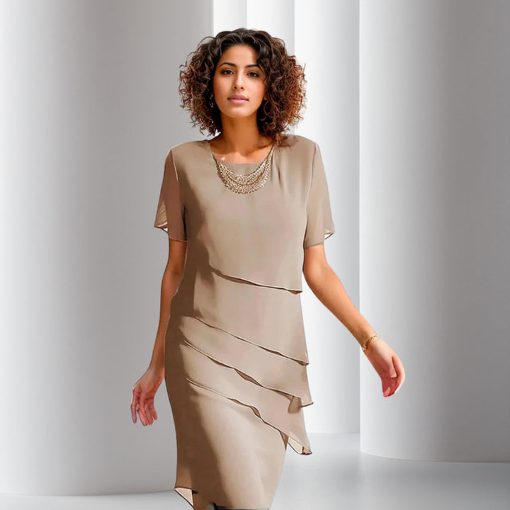 Dames Gelaagde Chiffon Cocktail Party Dress Korte Mouw - Khaki