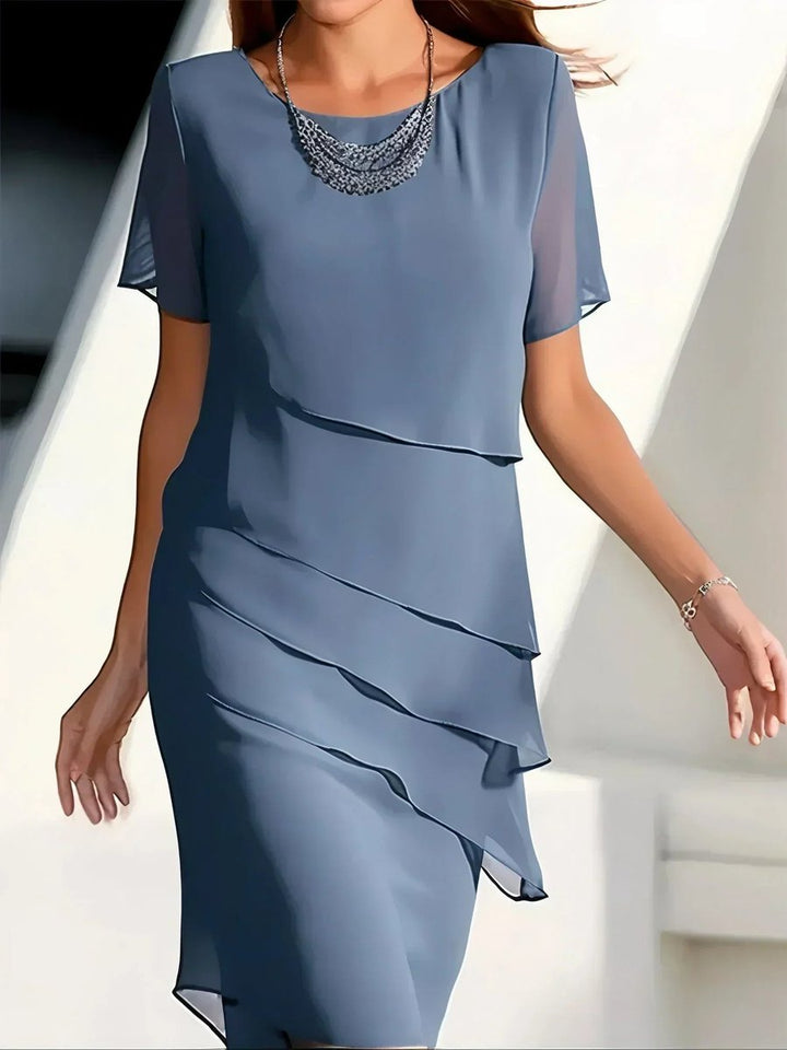 Dames Gelaagde Chiffon Cocktailjurk met Korte Mouwen - Blauw