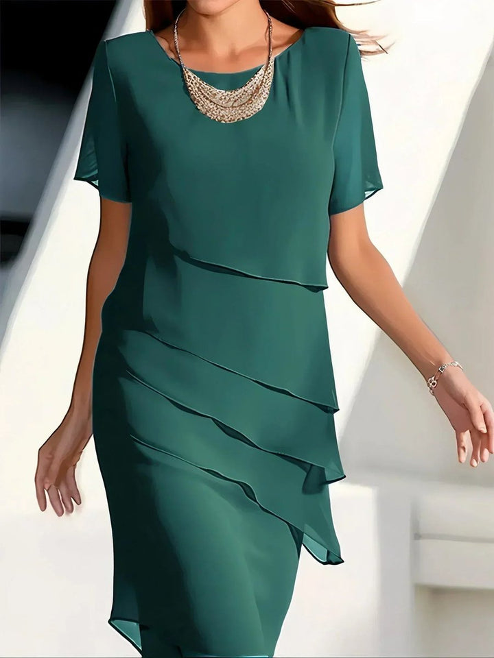 Dames Gelaagde Chiffon Cocktailjurk met Korte Mouwen - Groen