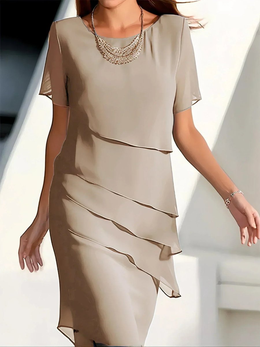 Dames Gelaagde Chiffon Cocktailjurk met Korte Mouwen - Beige