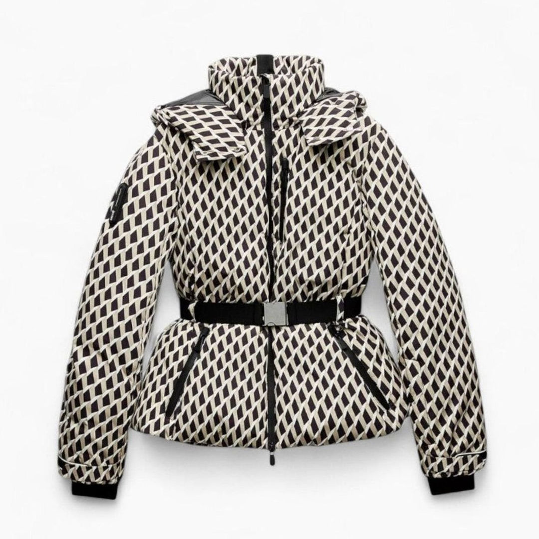 Dames Geometrisch Bedrukte Gewatteerde Capuchonjack met Riem - Beige