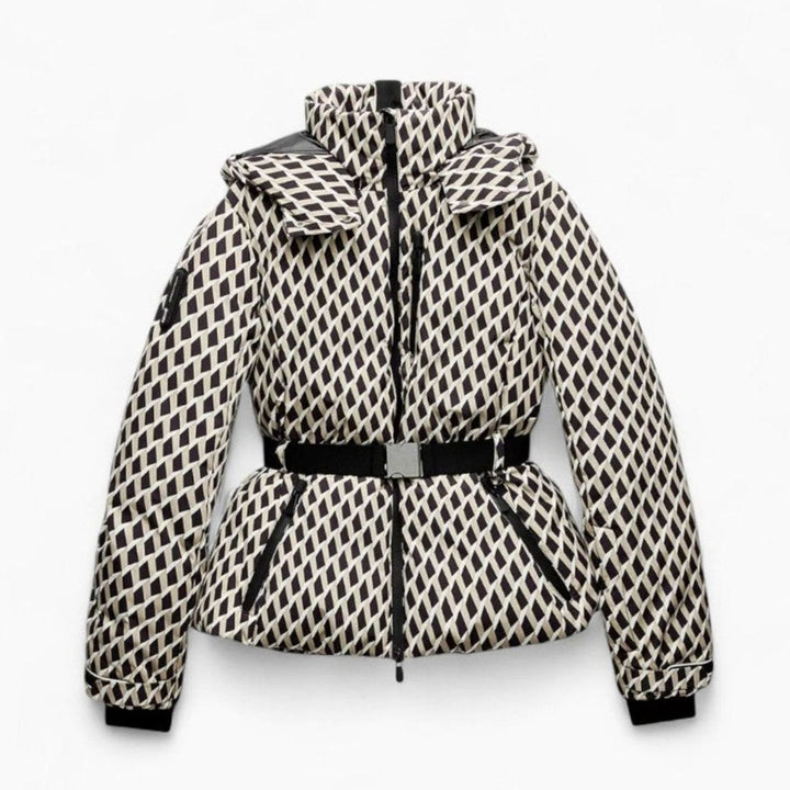 Dames Geometrisch Bedrukte Gewatteerde Capuchonjack met Riem - Beige