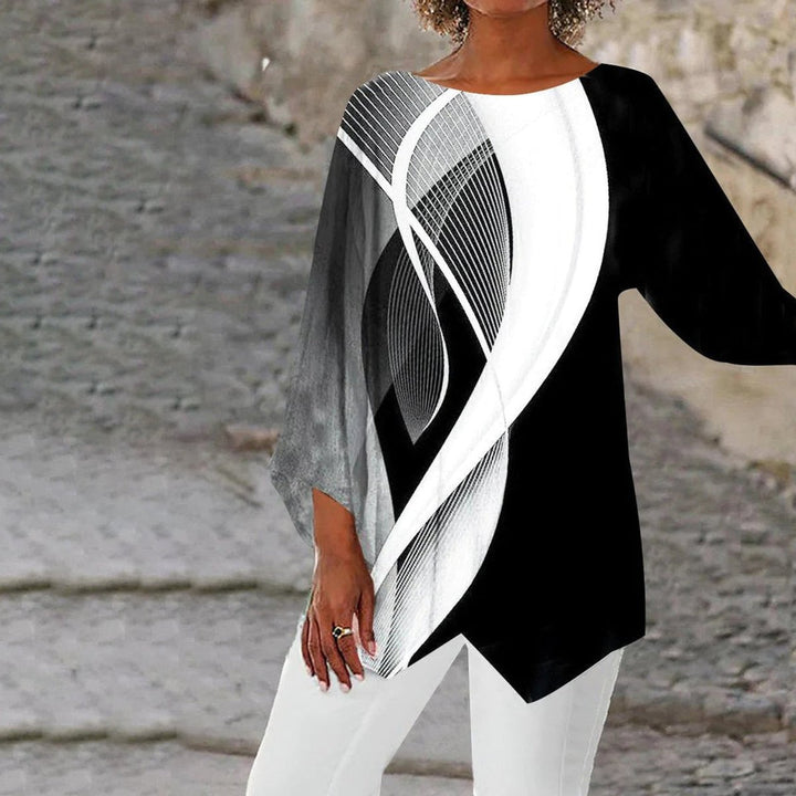 Dames Geometrische Lange Mouw Loose-Fit Tunic - Schwarz und weiß