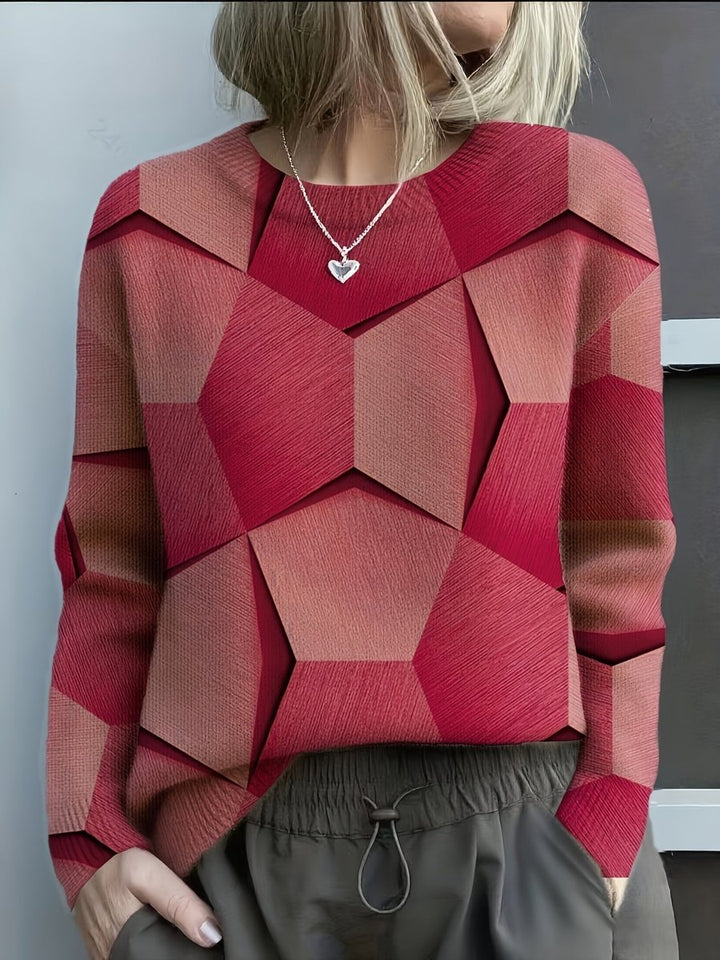 Dames Geometrische Print Ronde Hals Knit Sweater Langarm - Rood