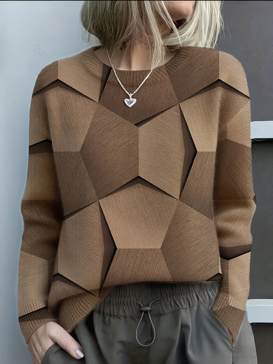 Dames Geometrische Print Ronde Hals Knit Sweater Langarm - Bruin