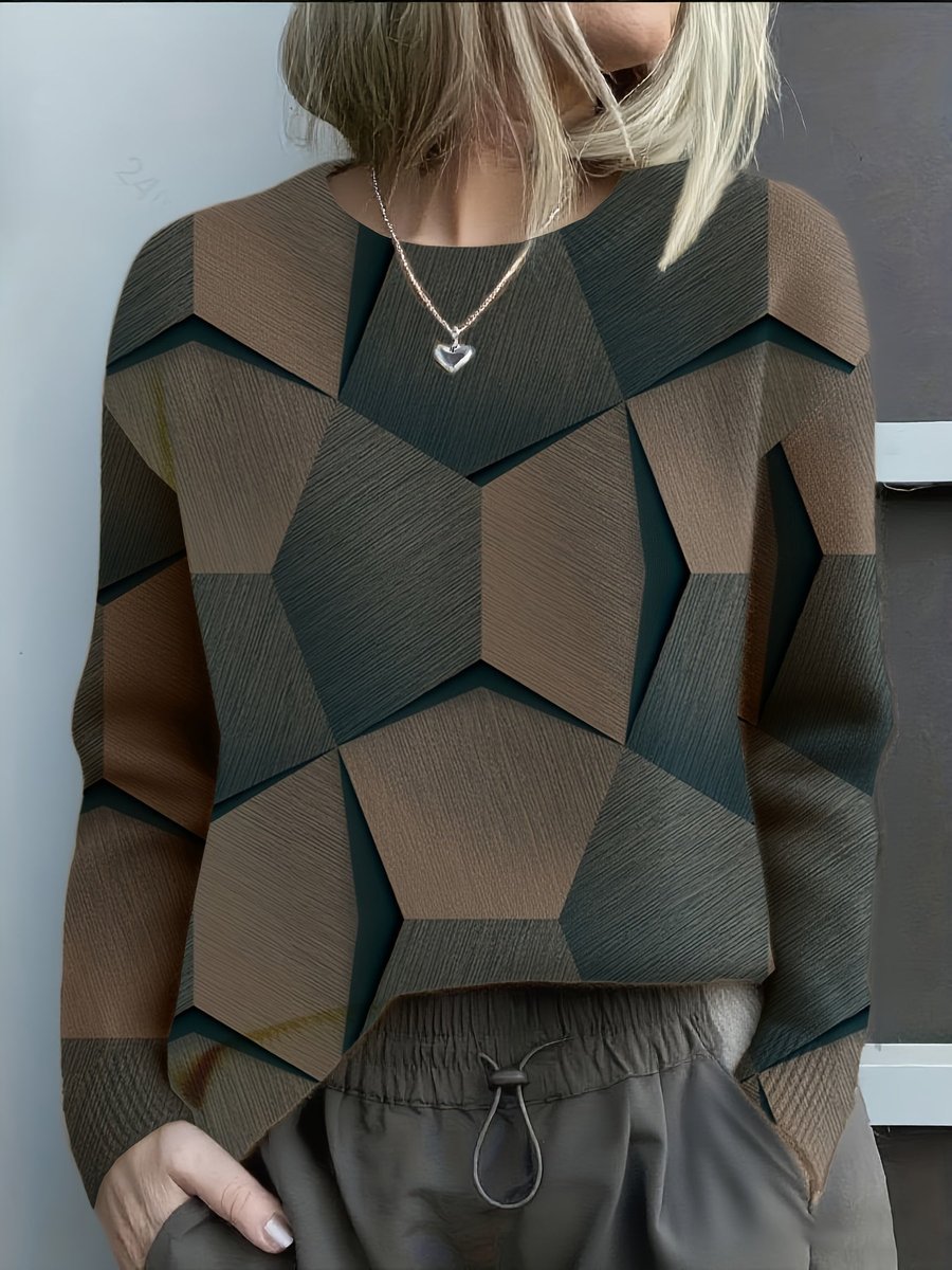 Dames Geometrische Print Ronde Hals Knit Sweater Langarm - Zwart
