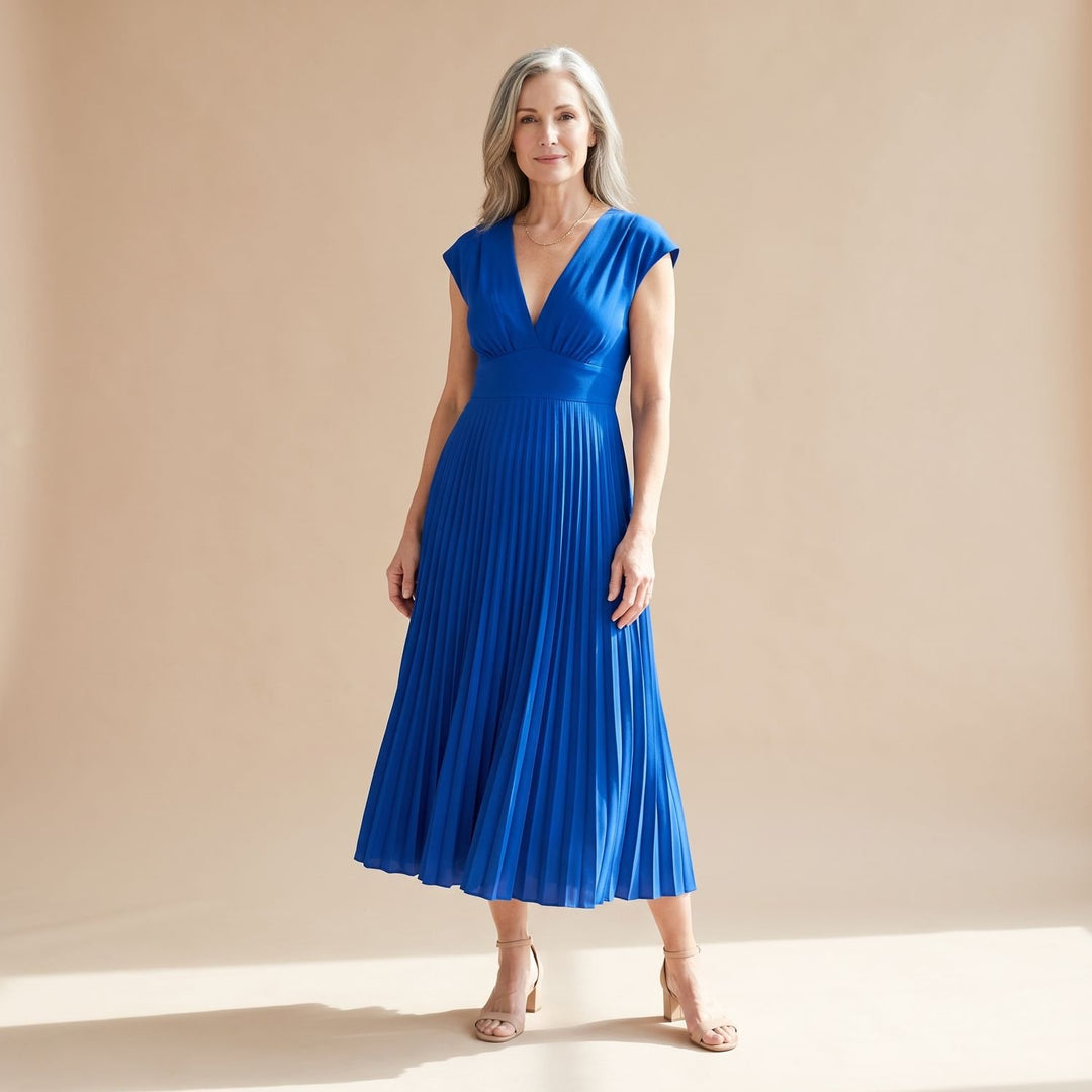Dames Geplisseerde Feestjurk met Diepe V-hals en Rits - Blauw