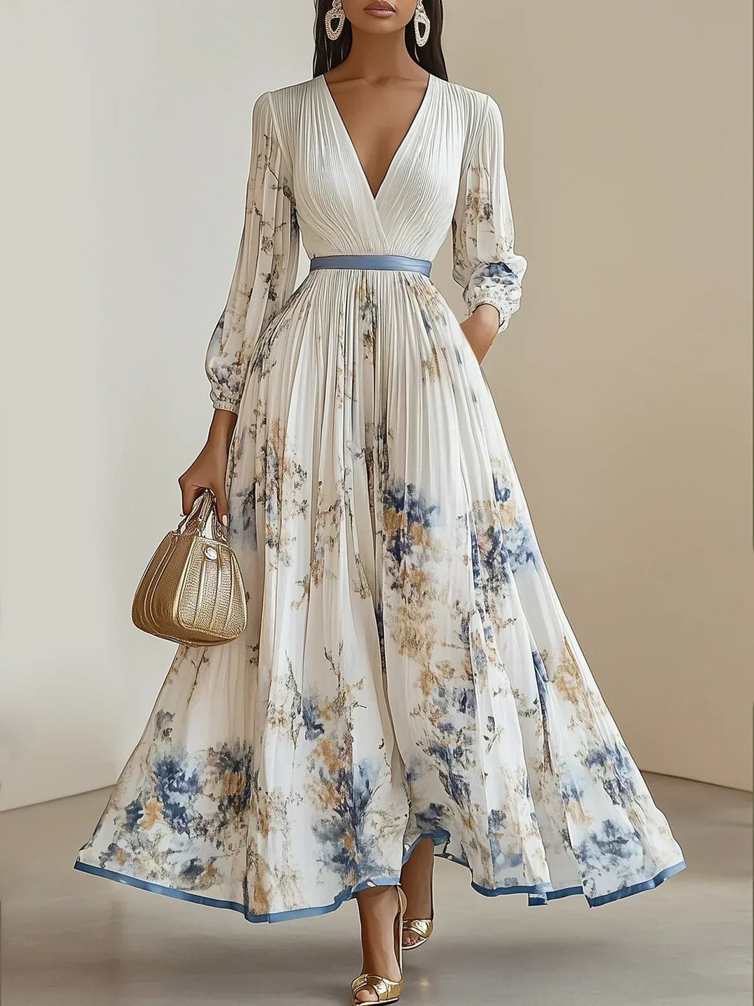 Dames Geplooide Bloemenprint Diep V-Hals Maxi Jurk Pofmouwen - White