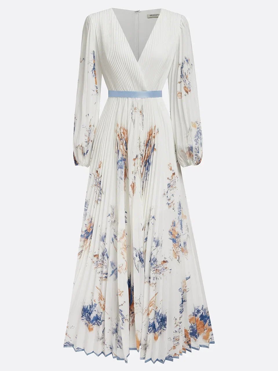 Dames Geplooide Bloemenprint Diep V-Hals Maxi Jurk Pofmouwen