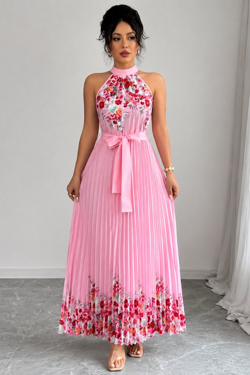 Dames Geplooide Bloemenprint Halter Avondjurk Maxi - Pink
