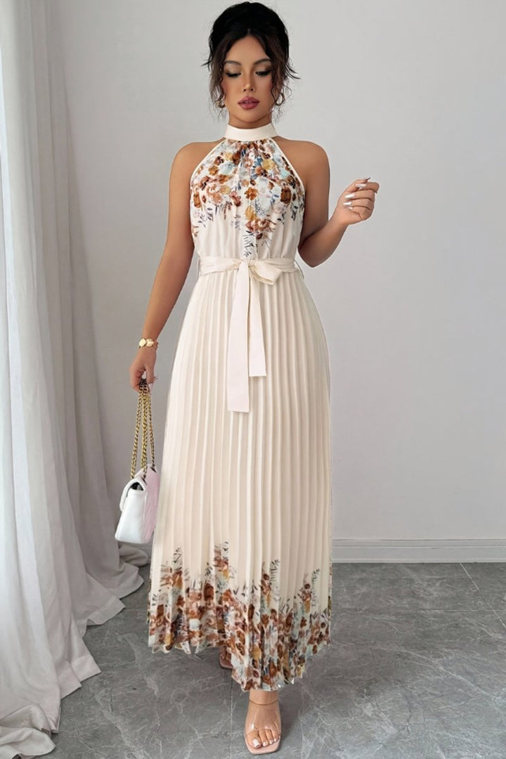 Dames Geplooide Bloemenprint Halter Avondjurk Maxi - Apricot