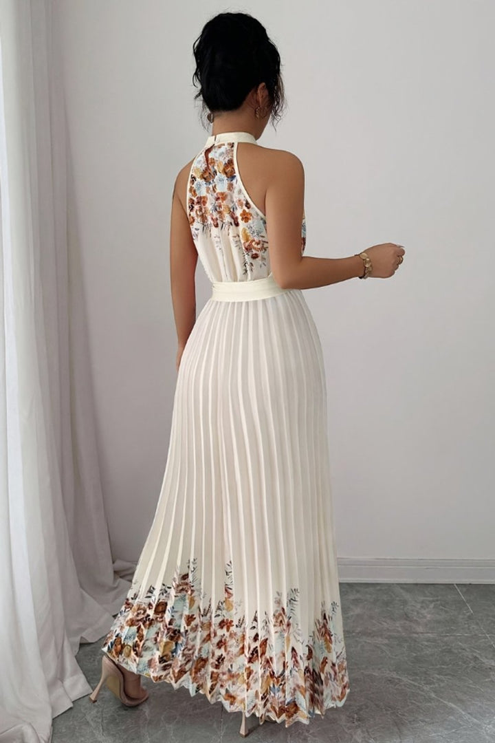 Dames Geplooide Bloemenprint Halter Avondjurk Maxi