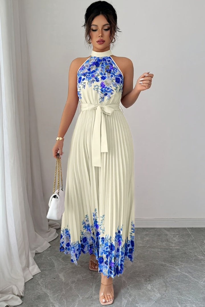 Dames Geplooide Bloemenprint Halter Avondjurk Maxi - Blue Floral