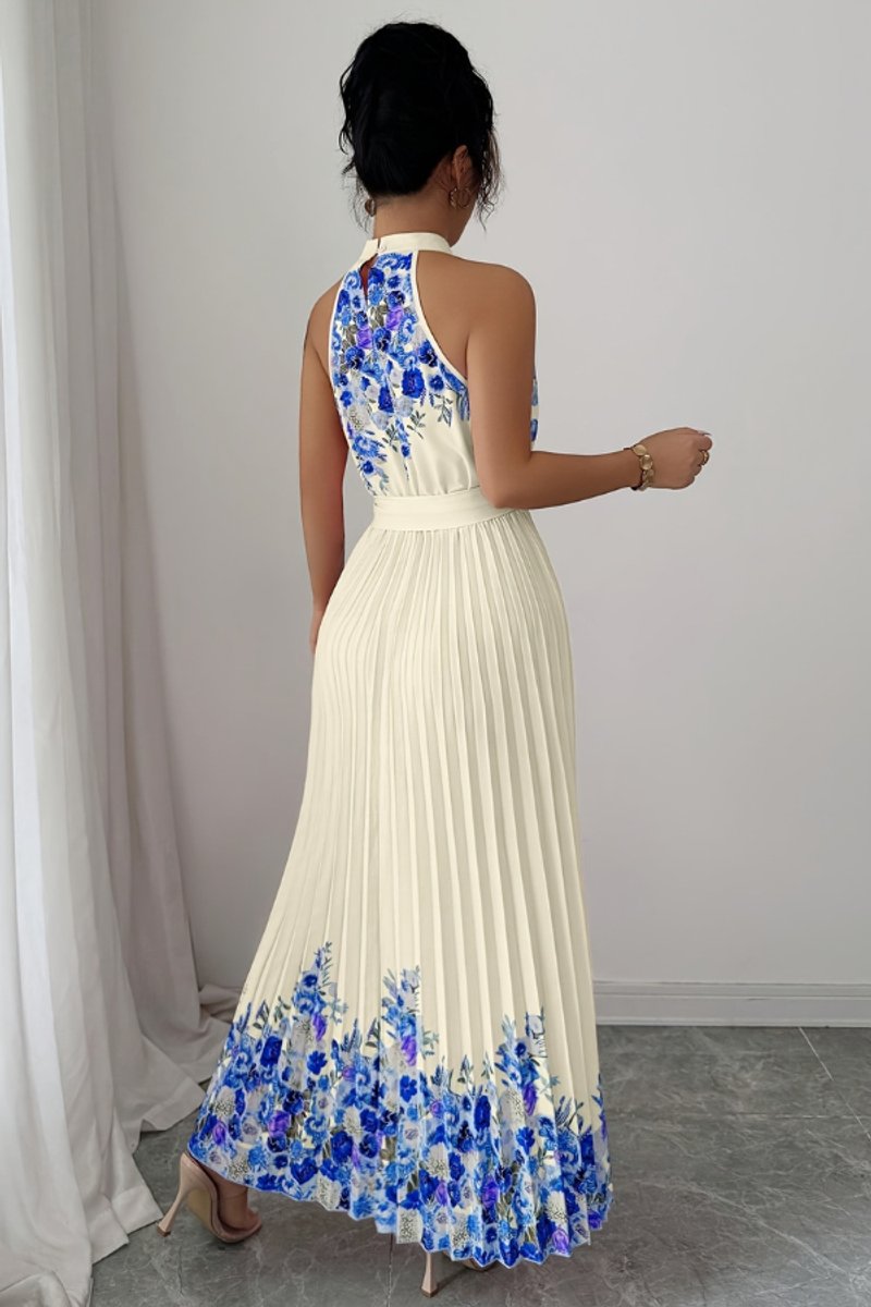 Dames Geplooide Bloemenprint Halter Avondjurk Maxi