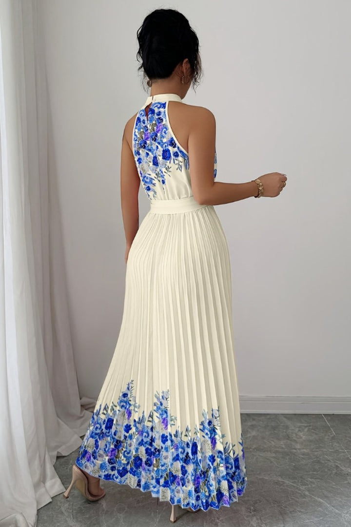 Dames Geplooide Bloemenprint Halter Avondjurk Maxi