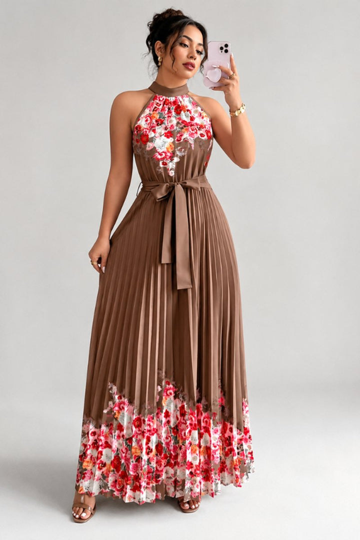 Dames Geplooide Bloemenprint Halter Avondjurk Maxi - Coffee Brown