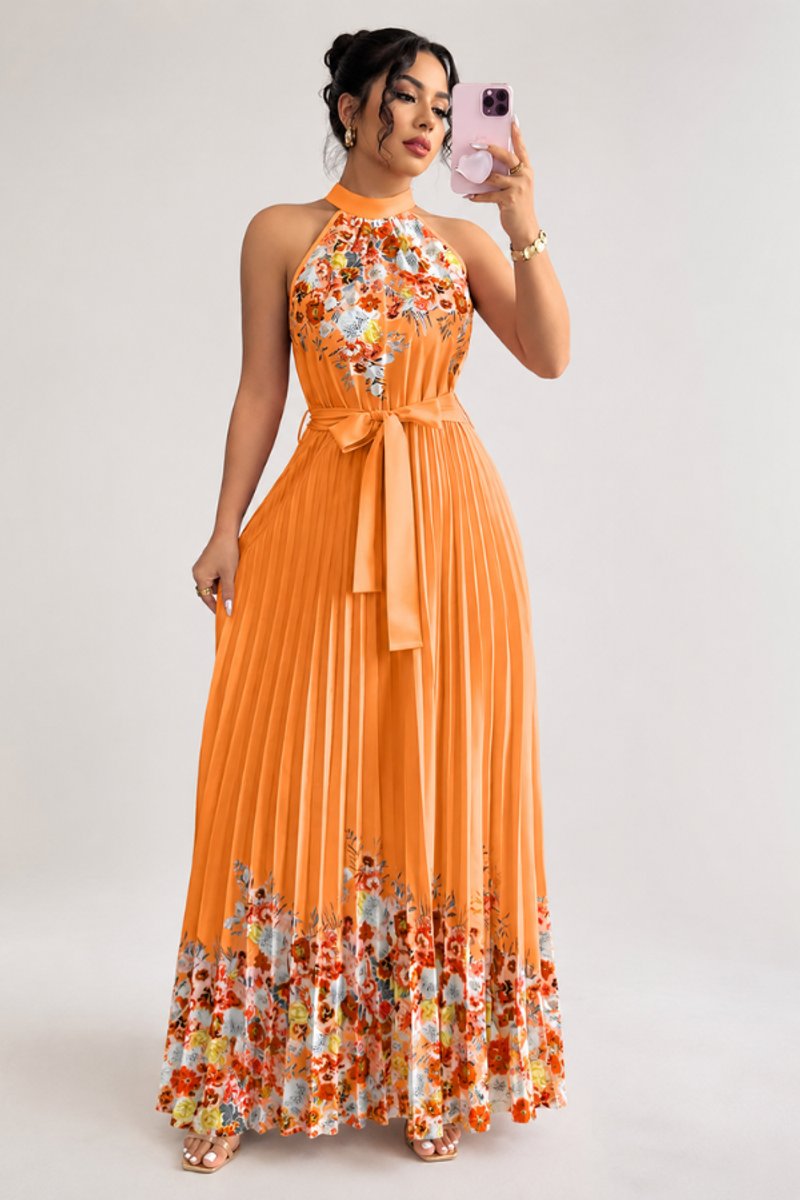 Dames Geplooide Bloemenprint Halter Avondjurk Maxi - Orange