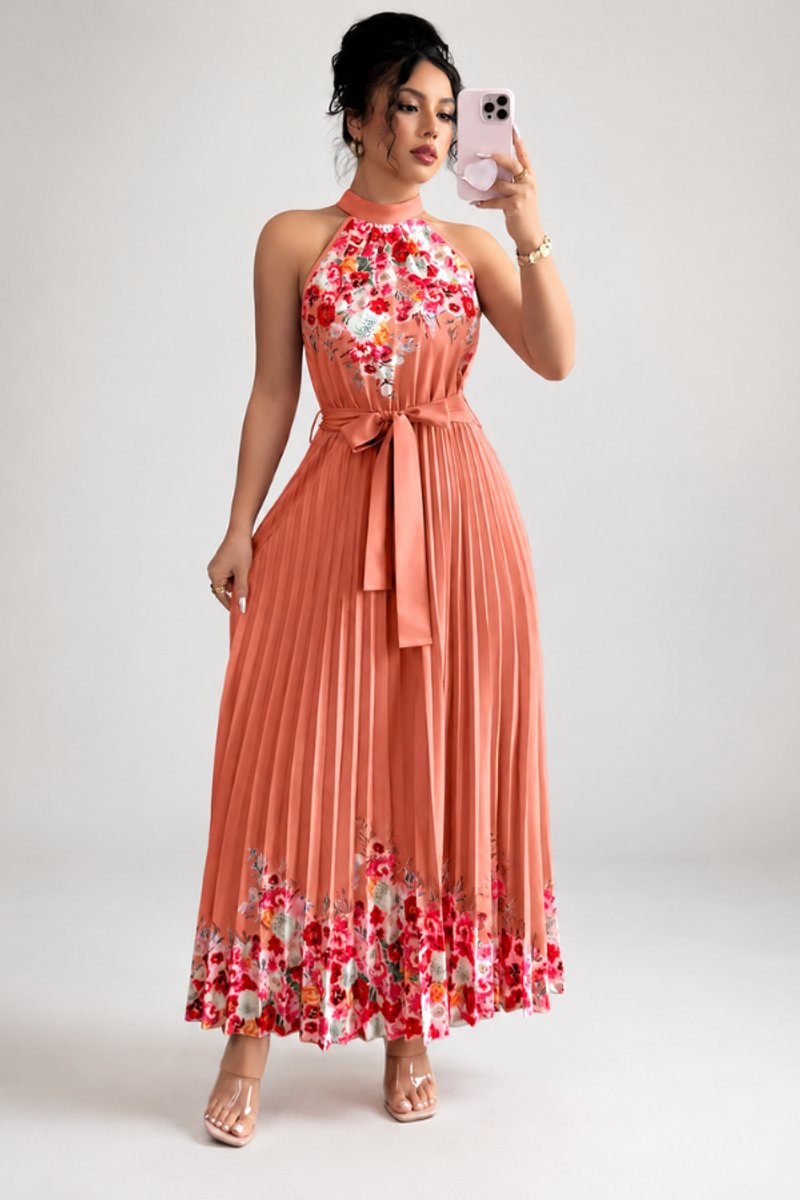 Dames Geplooide Bloemenprint Halter Avondjurk Maxi - Watermelon Red