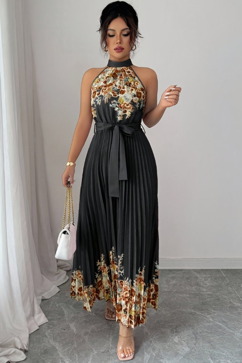 Dames Geplooide Bloemenprint Halter Avondjurk Maxi - Black Bottom Coffee Flower