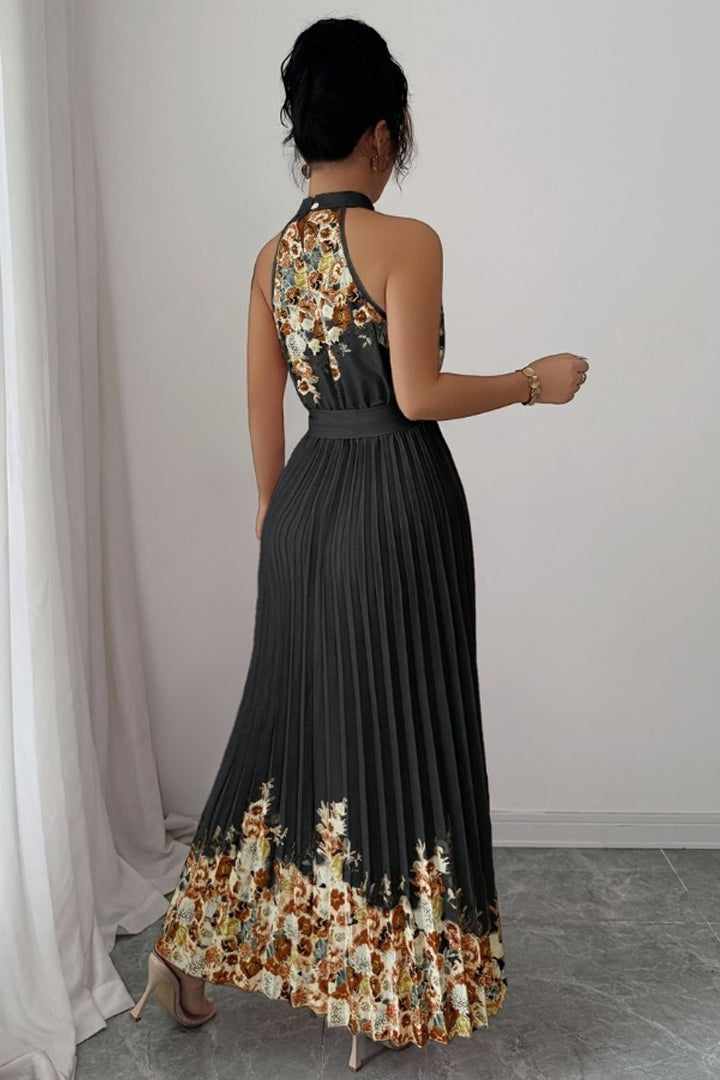 Dames Geplooide Bloemenprint Halter Avondjurk Maxi