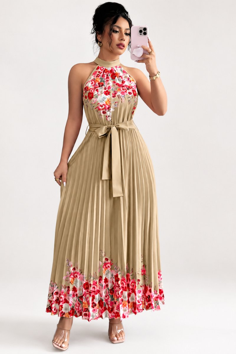 Dames Geplooide Bloemenprint Halter Avondjurk Maxi - Khaki