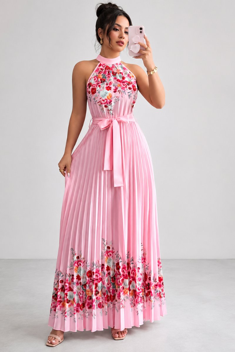 Dames Geplooide Bloemenprint Halter Avondjurk Maxi