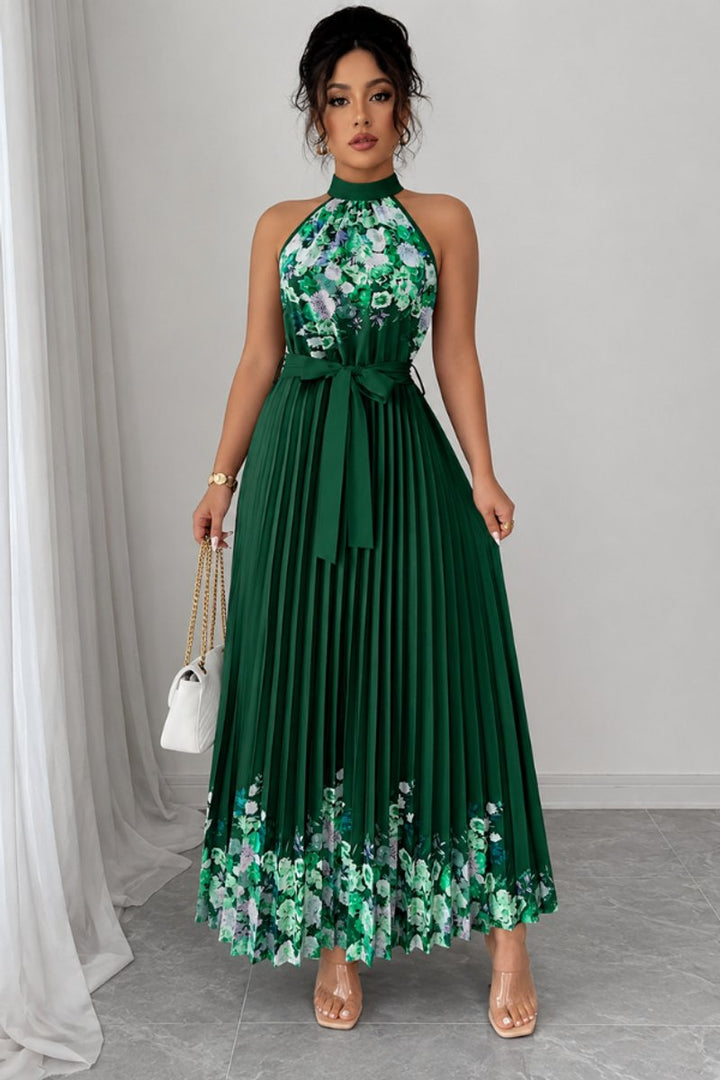 Dames Geplooide Bloemenprint Halter Avondjurk Maxi - Dark Green