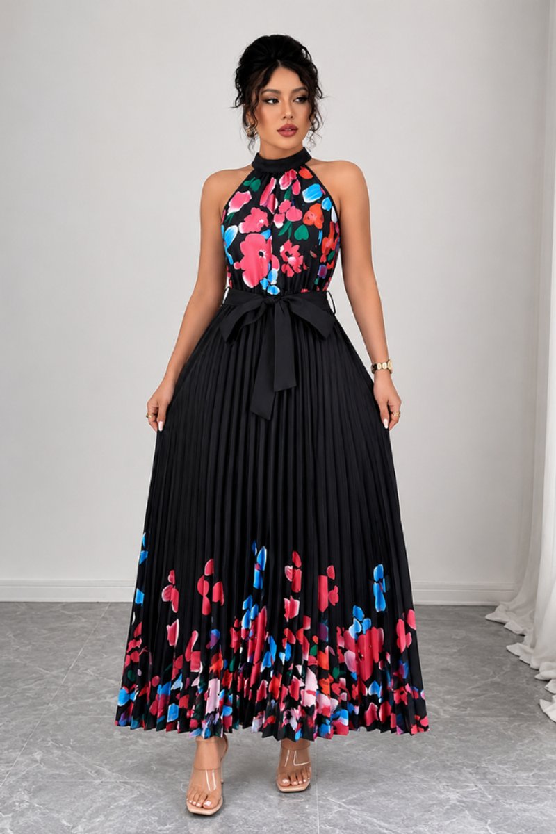 Dames Geplooide Bloemenprint Halter Avondjurk Maxi - Black