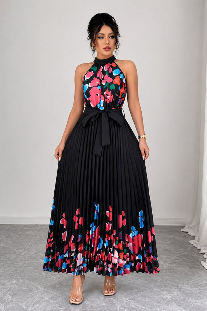 Dames Geplooide Bloemenprint Halter Avondjurk Maxi - Black