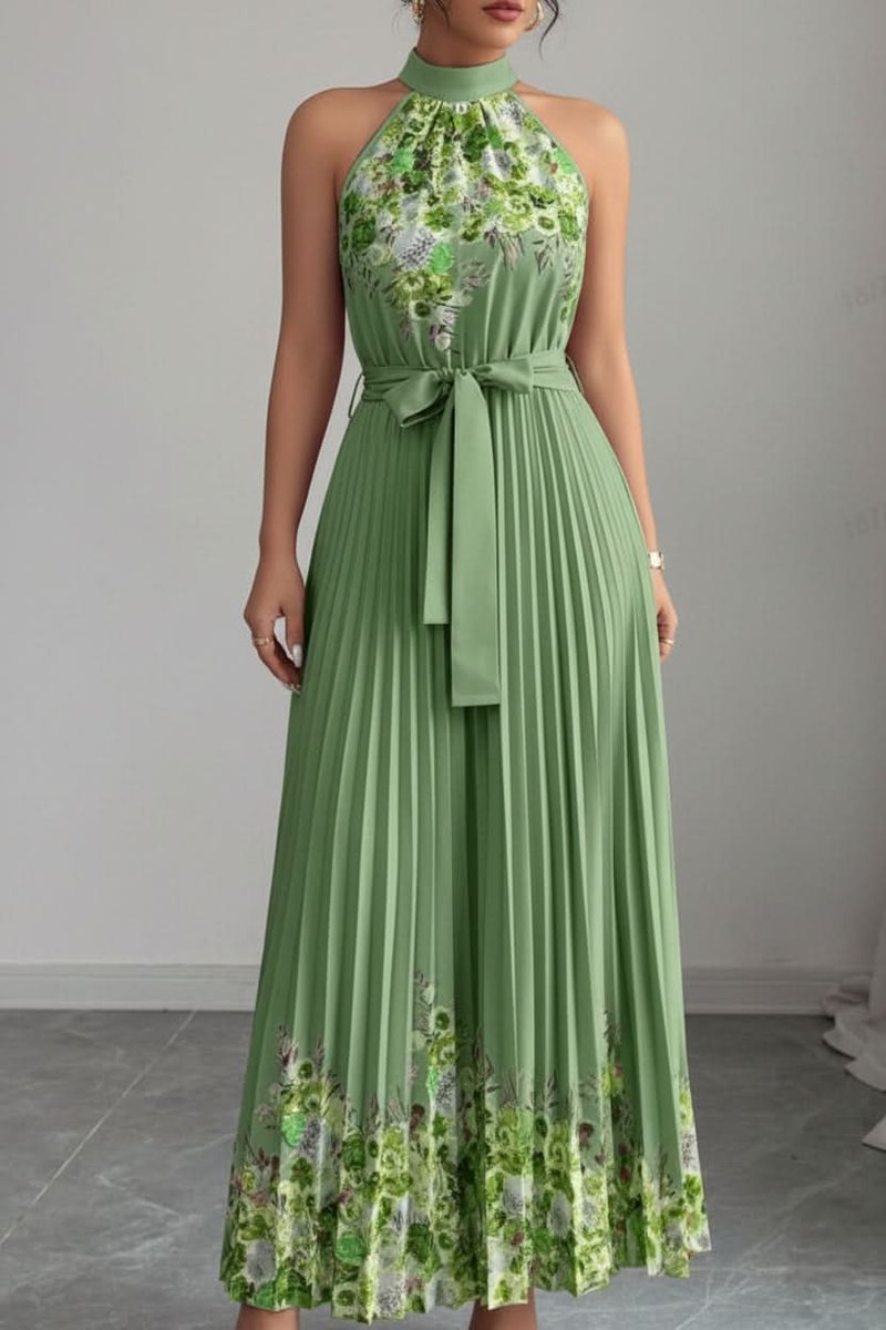 Dames Geplooide Bloemenprint Halter Avondjurk Maxi - Army Green Bottom Yellow Flower