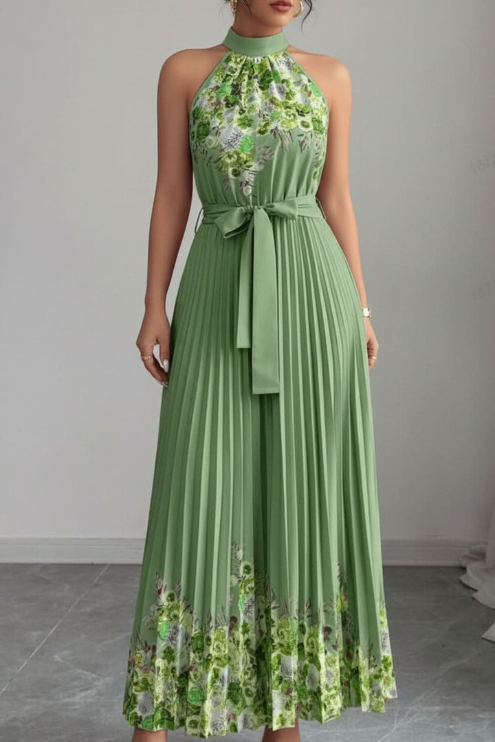 Dames Geplooide Bloemenprint Halter Avondjurk Maxi - Army Green Bottom Yellow Flower