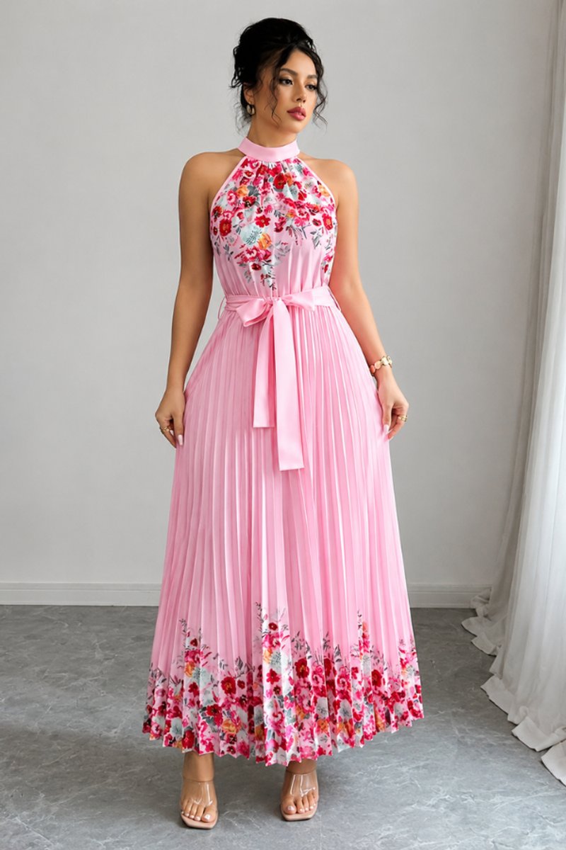 Dames Geplooide Bloemenprint Halter Avondjurk Maxi