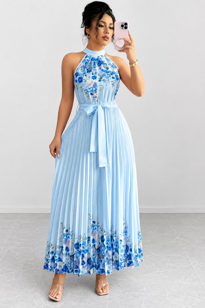 Dames Geplooide Bloemenprint Halter Avondjurk Maxi - Blue