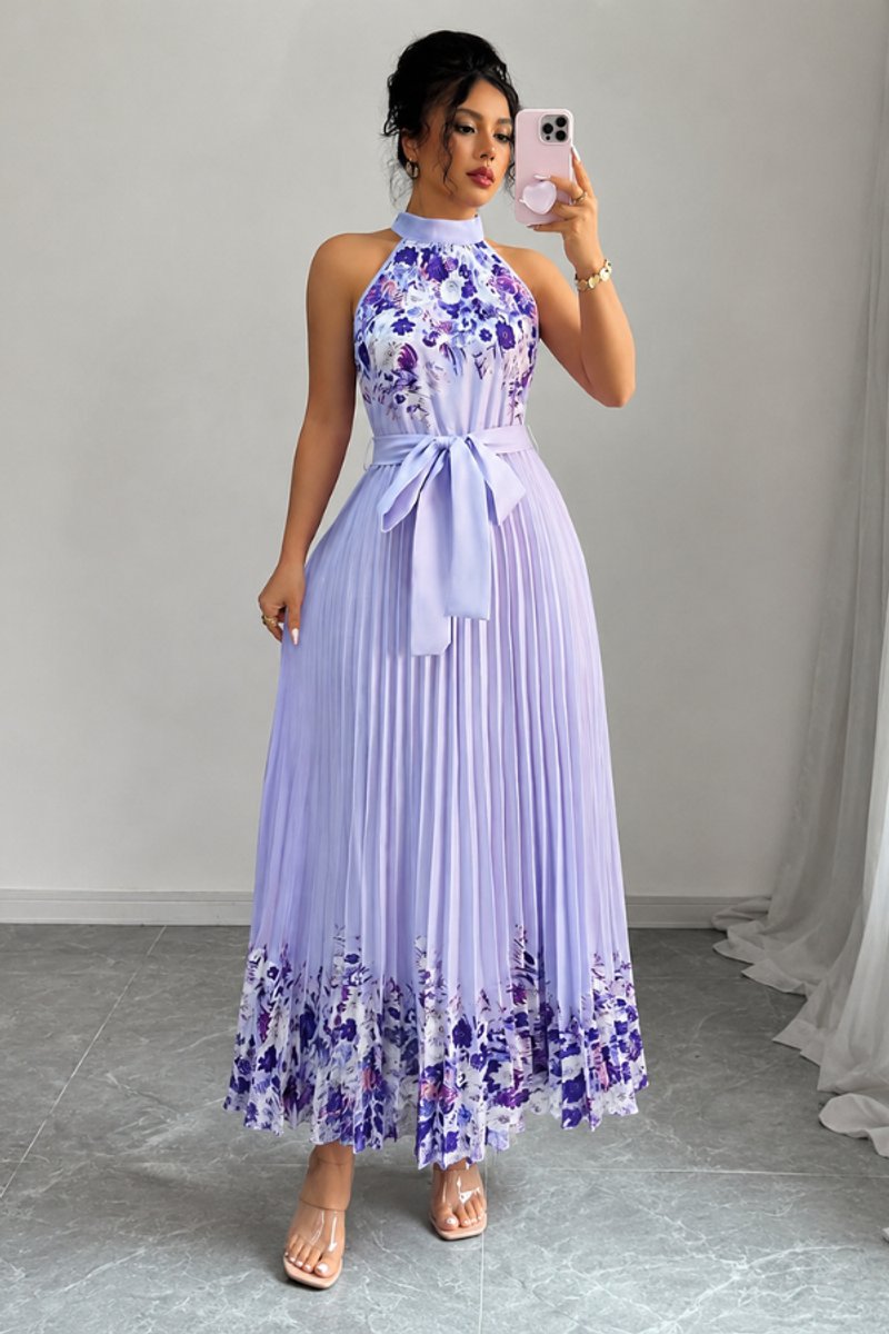 Dames Geplooide Bloemenprint Halter Avondjurk Maxi - Purple