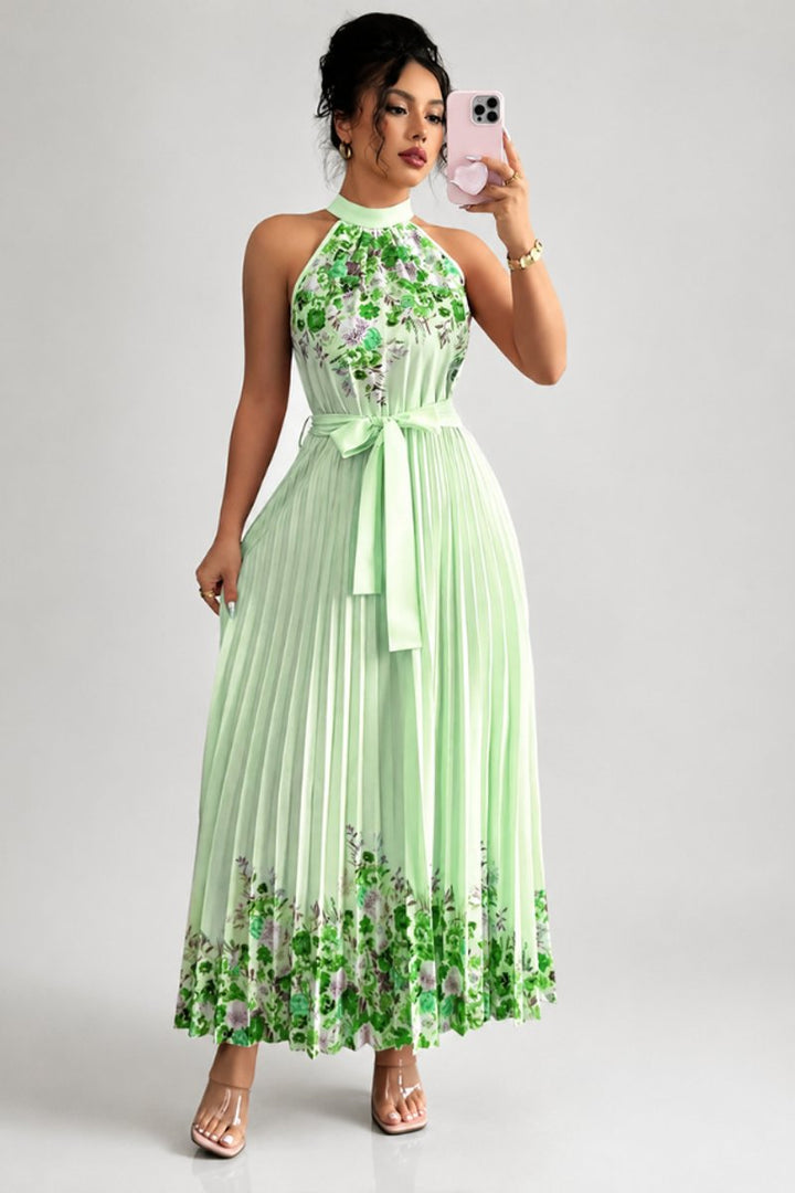 Dames Geplooide Bloemenprint Halter Avondjurk Maxi - Green