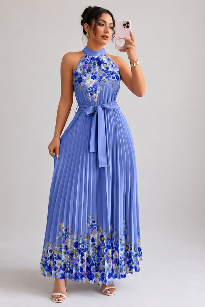 Dames Geplooide Bloemenprint Halter Avondjurk Maxi - Dark Blue