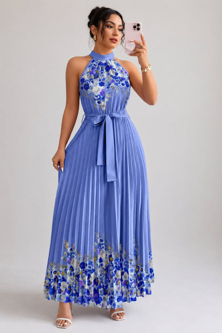 Dames Geplooide Bloemenprint Halter Avondjurk Maxi - Dark Blue