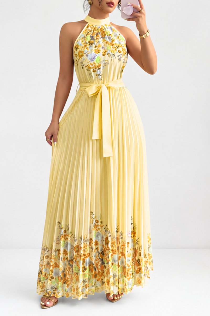 Dames Geplooide Bloemenprint Halter Avondjurk Maxi - Yellow