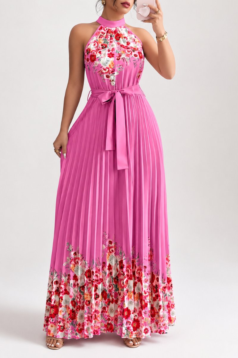 Dames Geplooide Bloemenprint Halter Avondjurk Maxi - Rose Red