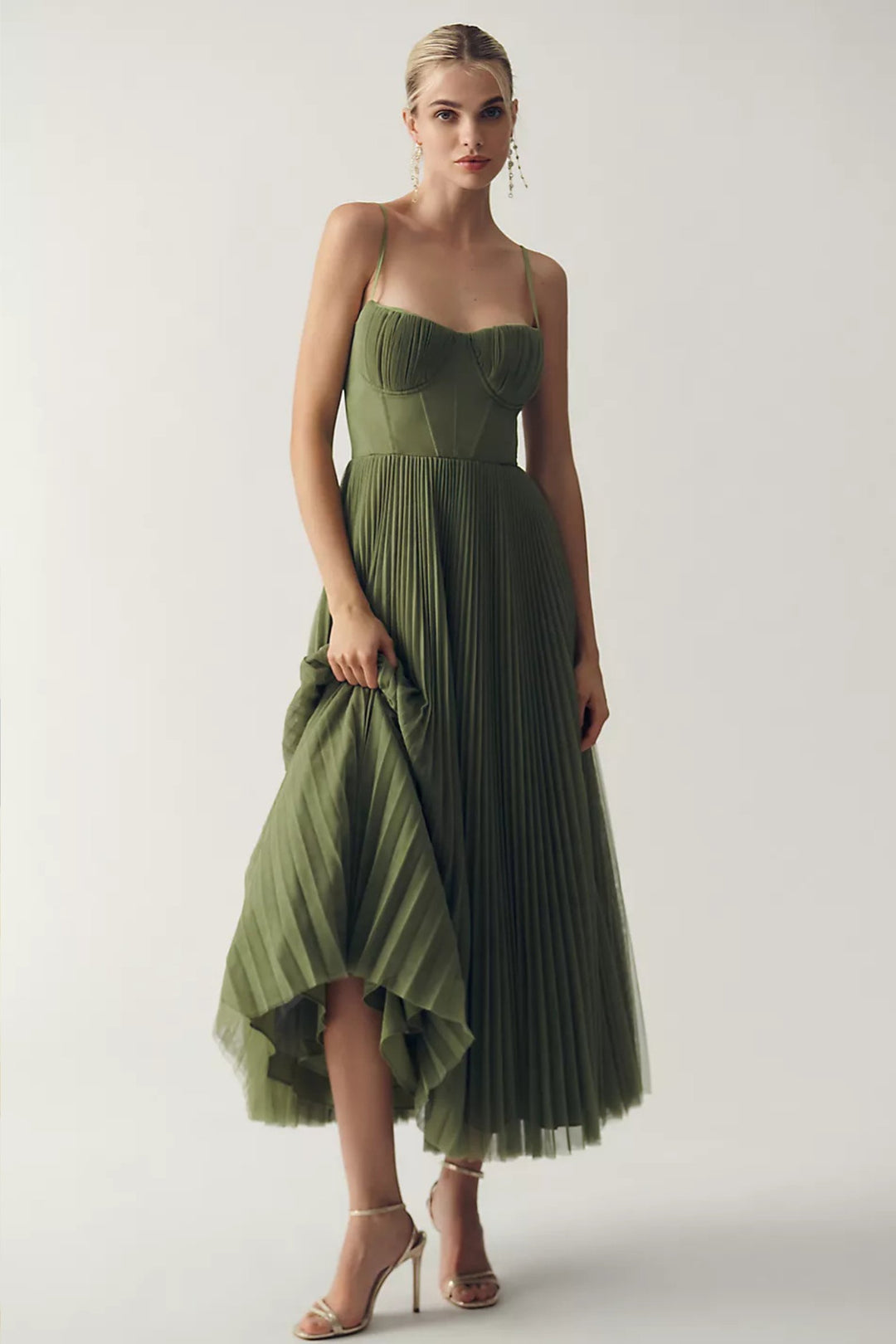 Dames Geplooide Bustier Midi-jurk Spaghettibandjes - Green