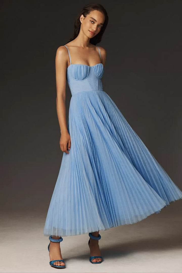 Dames Geplooide Bustier Midi-jurk Spaghettibandjes - Blue